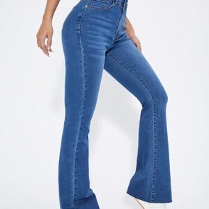 SHEIN EZwear High Waist Patch Detail Raw Cut Flare Leg Jeans